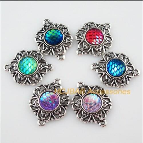 12Pcs Tibetan Silver Scales Flower Mixed Resin Charms Pendant Connectors 21.5x28mm