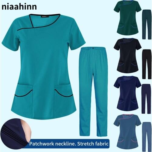 Dental Clinic Nurse Uniform Women Short Sleeve V-Neck Tops Work Uniform Blouse Scrub Workwear Nursing Women Scrubs Pants Elastic