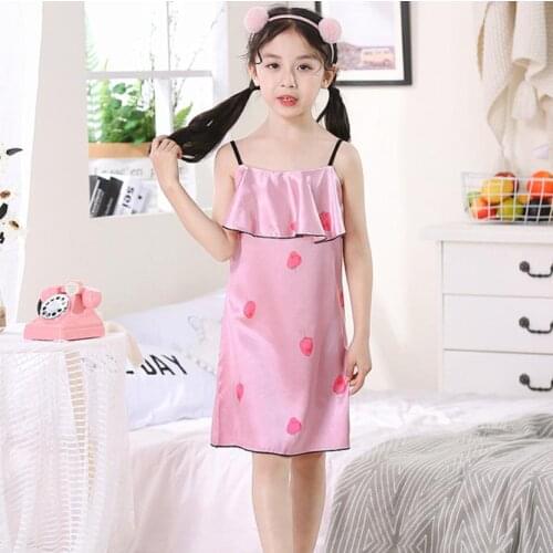 Kids Summer Sling Dress Nightgowns Girls litchi pattern Silk Satin Soft Nightdress Sleepwear Pajamas Nightwear Homewear 3-14y