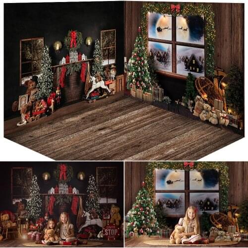 Christmas Room Kids Portrait Backdrop Decor Christmas Window Fireplace Toys Background Winter Adult Birthday Photography Studio