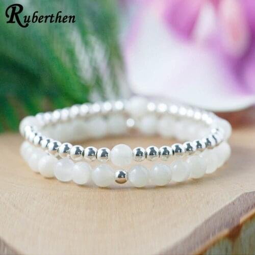 Ruberthen White Moonstone Silver Plated Beaded Bracelet Set Dainty Gem stone Bracelet Healing Crystals Birthstone Mala Bracelet