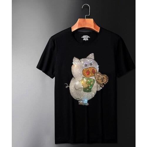 Plus Size 2021 Rhinestones Silhouette pig T Shirts Men Short Sleeve Fashion Man Streetwear O Neck Slim Tee Calaveras Camiseta