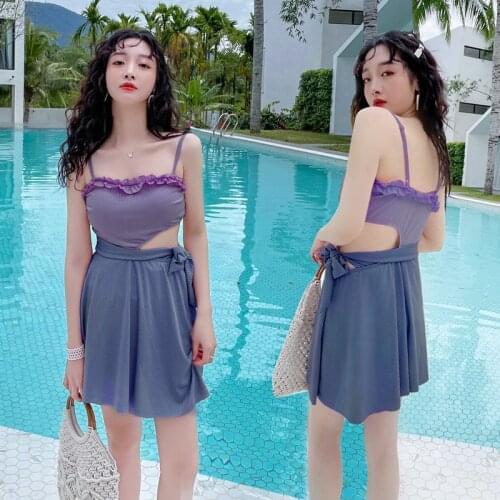 2021 New Korean Women High Cup One-piece Swimsuit Women Swimwear Retro Solid Color Bikini Vintage Bathing Suit Sexy Swimskirt