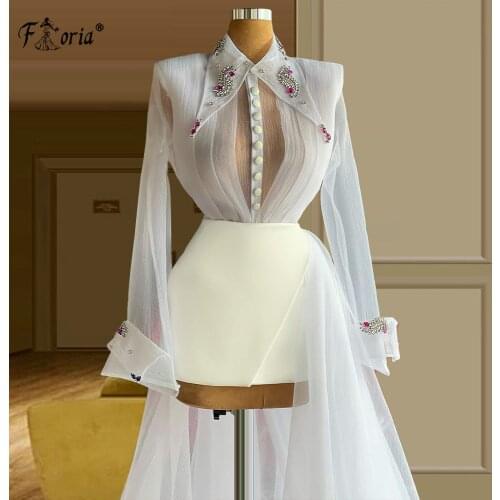New Arrival Short Prom Dress 2020 White Long Sleeve Crystals Homecoming Dresses See Though Elegant High Low Cocktail Dress