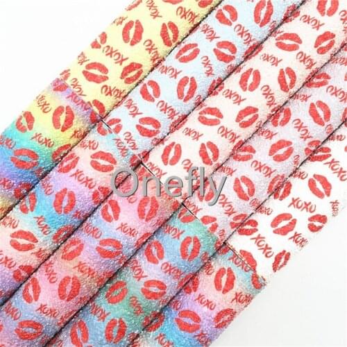 Onefly xoxo Lips Printed Chunky Glitter Leather Fabric with Soft Felt Backing , Glitter Fabric Sheets For Bow DIY shoes FZ021