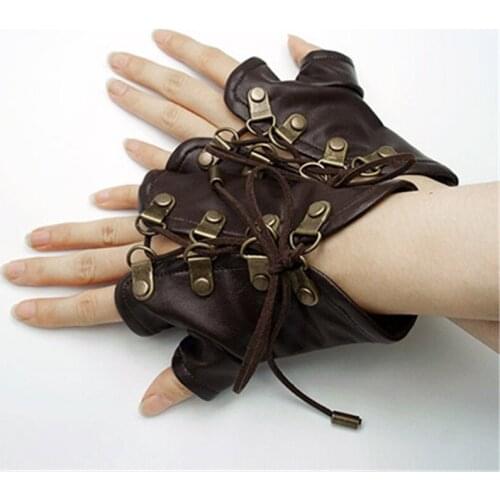 Gothic Unisex Cosplay Gloves Adjustable Punk Lolita Cosplay PU Leather Gloves Vintage Steampunk Bandage Half Finger Gloves