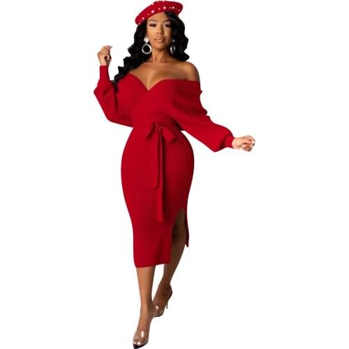 Evening Dresses Formal Women Autumn Winter Knitted Clothing V Neck Long Sleeve Backless Sheath Dress Waist Tied Sashes Bodycon