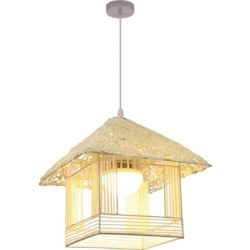 Modern Country Rustic Beige Rattan House Shape Hallway Pendant Lamp Corridor Balcony Hanging Suspension Lighting
