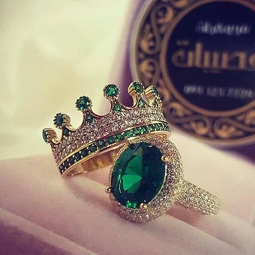 Luxury Atmospheric Crown Green Zircon Wedding Ring Set for Women Exquisite Party Engagement Female Rings Jewelry Gift Wholesale