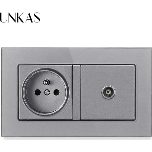 UNKAS Tempered Crystal Glass Panel 16A French Standard Wall Power Socket + TV Televtion Connector Jack 146MM*86MM Outlet