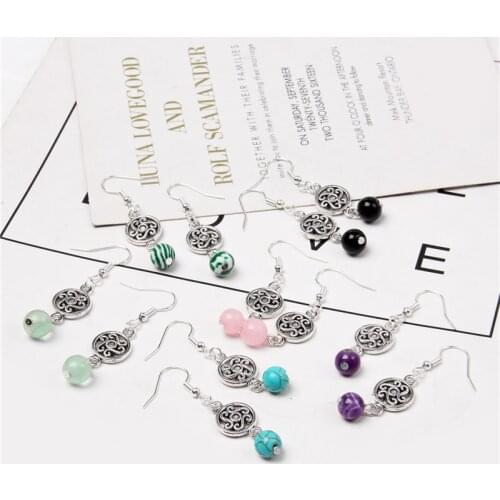 Vintage silver color metal gem stone beads charm earrings natural purple amethysts green fluorite ladies jewelry earrings gifts