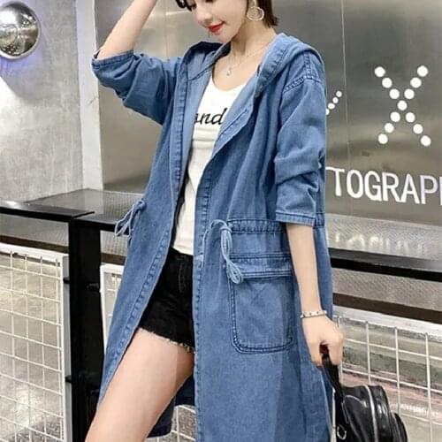 Plus Size Spring Autumn Drawstring Hood Mid-length Denim Jacket Womans 2021 Korean Fashion Loose Casual Jeans Coat Female A873