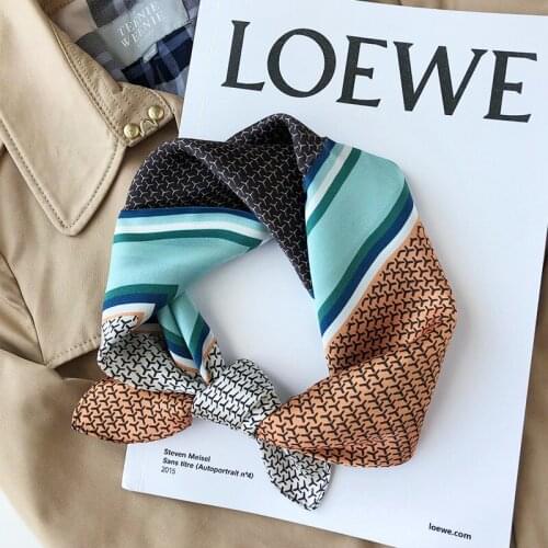 Luna&Dolphin Women Small Square Scarves 53x53cm 100% Real Silk Blue Caramel Vintage Bandanas Suit Decoration Headbands Kerchief