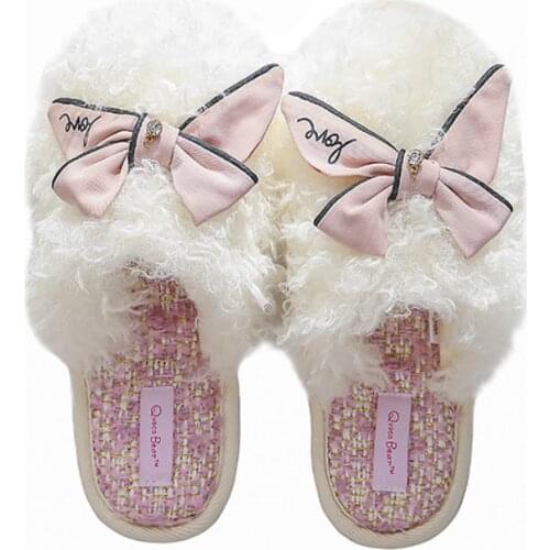 Women Wool Furry Slippers Home Slides Winter Warm Shoes Woman Flats Slides Female Faux Fur Slippers Closed Toe Indoor Mules