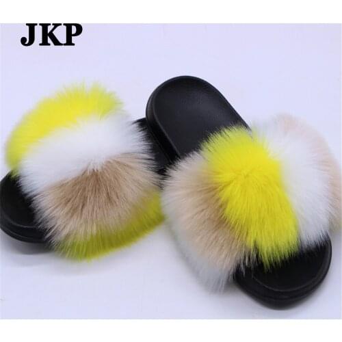 Womens Fur Slides Faux Fox Fur Fluffy Slippers Furry Flat Sandals Indoor Slippers Plush Sandals Home Fuzzy Shoes Women TX23