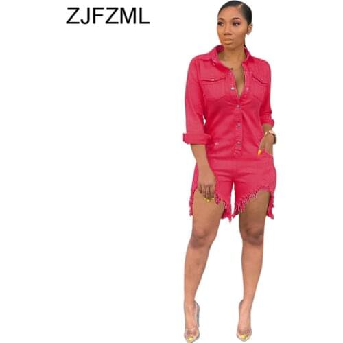 Plus Size Denim Rompers Womens Jumpsuit Turn Down Collar Full Sleeve One Piece Playsuit Casual Buttons Up Short Beach Bodysuit