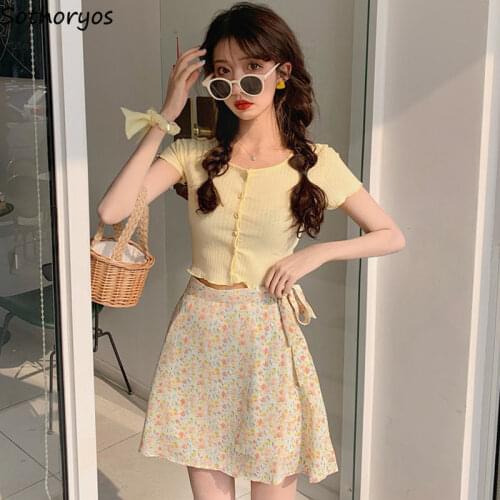 Summer Dress Sets Women Single Breasted Knitted Crop Top Short Sleeve Sweet Slim Mini Floral Lace-up Skirt Friends Trendy Kawaii