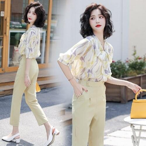 High Quality Summer Women Suits Set Fashion Elegant Floral Chiffon Top Ladies Two Pieces Wide Leg Pant Suits Short Sleeve