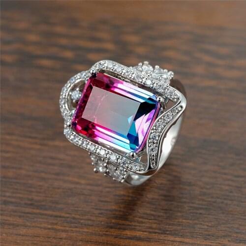 Charm Female Rainbow Crystal Ring Rose Gold Silver Color Wedding Rings For Women Luxury Square Zircon Stone Engagement Ring
