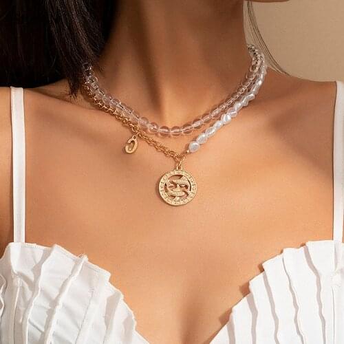 Fashion Asymmetry Layered Pearl Choker Necklaces for Women Collar Beaded Chain with Letter Pendant Necklaces Jewelry Gift 2021