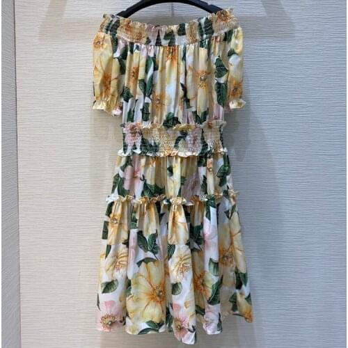2021 runway summer women sexy slash neck floral printed short sleeve dresses elastic waist Bohemian holiday dress y390