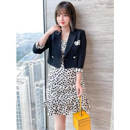 Short suit jacket+Two piece printed pleated Ruffle Dress 2021 spring new
