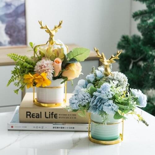 1pcs/lot Ceramic Flower Pot with Iron Deer Stand Succulent Plants Pot Indoor Balcony Office Desktop Planters Home Decoration
