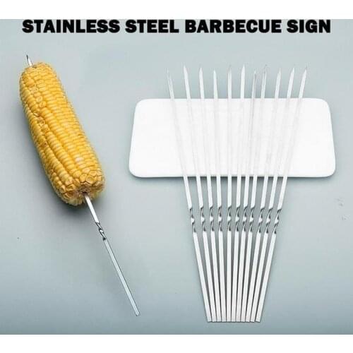 10pcs Bbq Utensils Steel Barbecue Sign Lamb Skewers Iron Sign Roasting Needle Flat Roasted Skewers Meat Brazier Tools