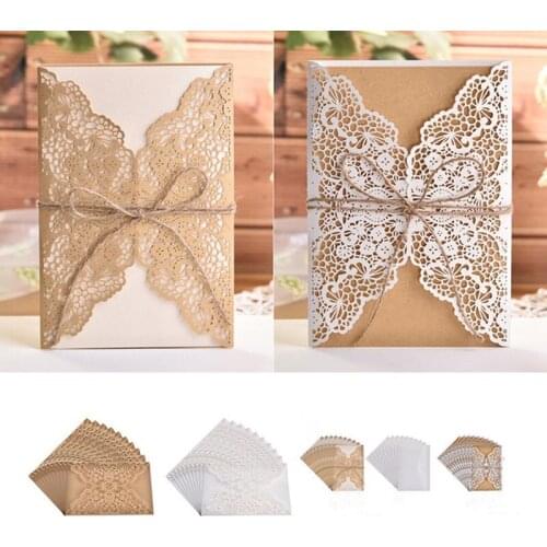 100pcs Elegant Wedding Invitation Cards Birthday Greeting Card Kraft Paper Hemp Rope Bow Set Decor Festival Party Supplies