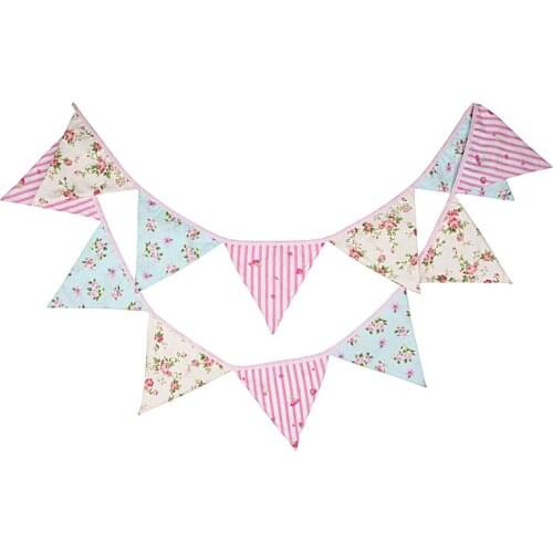 12 Flags 3.2m 4 Colors Pink Blue Cotton Fabric Bunting Pennant Flag Banner Garland Baby Show Wedding/Birthday Party Decor