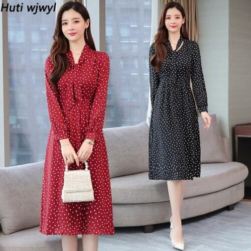 2021 Vintage Solid Dot Chiffon Long Sleeve Midi Dresses Autumn Winter Plus Size Women Bodycon Dress Elegant Party Femal Vestidos