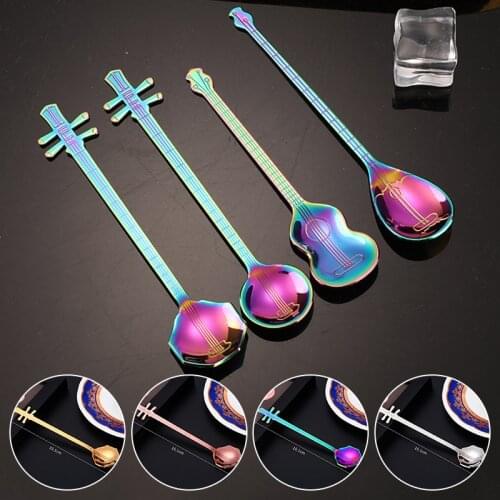 304 Stainless Steel Coffee Stirring Spoon Titanium Plated Guitar Teaspoons Chinese Guqin Spoon Music Bar Spoons Creative Gift