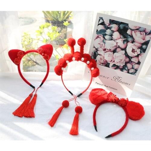 8pcs/Lot 2020 Chinese Style Tassel Festive Red Hairbands Princess Birthday Gift Headwear Accessories Kids Cute Ears Hair Hoops