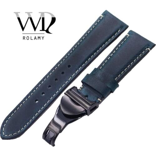 Rolamy Wholesale 22mm Vintage Blue Genuine Leather Replacement Wrist Watchband Strap Belt Loops Band Bracelets For IWC Tudor