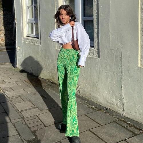 Women Trousers Tie Dye Paisley Print Green High Waist Wide-Waisted Vintage Pants Casual Streetwear Y2K Fashion Knit Wave Trouser