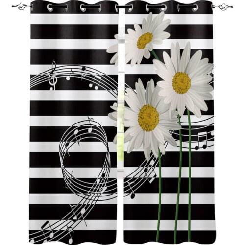 Chrysanthemum Music Note Black And White Art Room Curtains Large Window Curtain Lights Living Room Bedroom Indoor Decor Kids