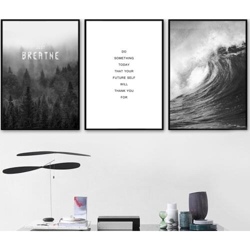 Black and white forest wave sign language quote wall art canvas painting nordic posters and prints living room home decoration w