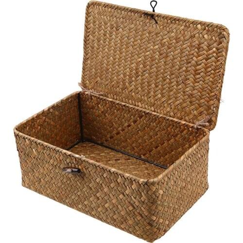 Boho style Square Seaweed hand-woven storage box Storage Box with Lids Makeup Organizer for Home Kitchen Office Storage Basket