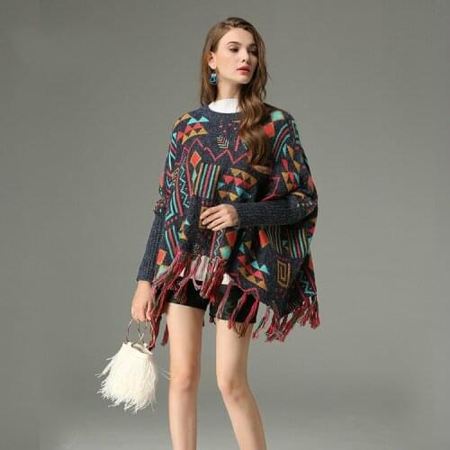 2019 Foreign Trade Autumn And Winter Geometric Printing Imitation Rabbit Hair Cloak Sweater Thickened Fringes Loose Knitted