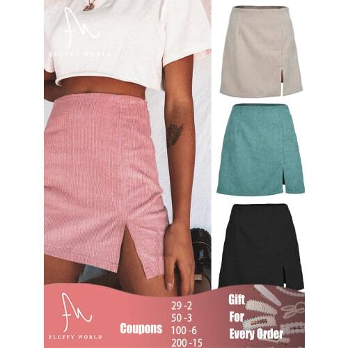 Summer Women corduroy sexy mini Vintage harajuku skirts A-line High-waist Split Mini Skirts Women Solid Elegant Casual OL Skirts