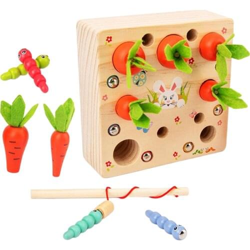 Montessori Shape Size Sorting Game Wooden Toy Carrots Harvest Worm Catching Game
