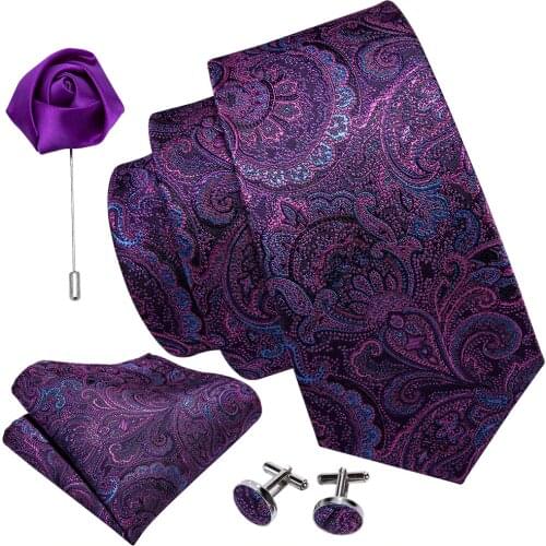 Men Tie Purple Floral Wedding Silk Necktie Brooch Handkerchief Cufflink Set Fashion Designer Barry.Wang Tie For Men Groom Gift