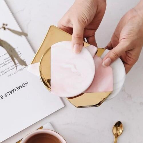 Gold Marble Coasters Ceramic Coaster Tea Cup Pad Round Table Mat Coaster Coffee Pink grey Tea Cup Place Mats 1pc