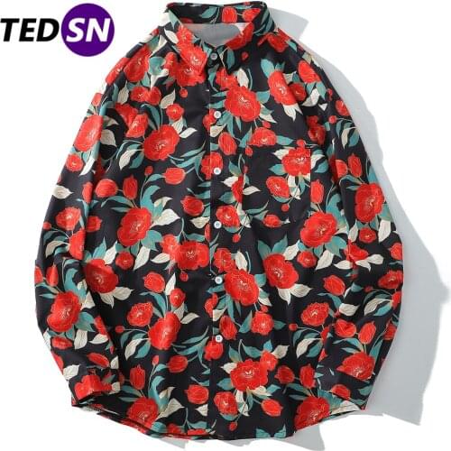 Red Peony Flowers Print Long Sleeve Casual Shirts 2020 Harajuku Streetwear Shirts Cotton Loose Hawaiian Beach Shirts Tops Mens