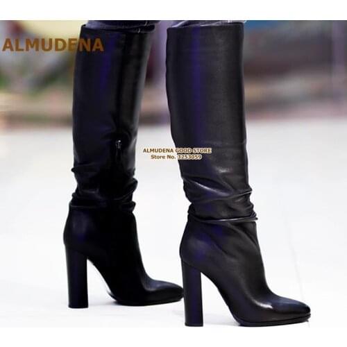 ALMUDENA Black Matte Chunky Heel Knee High Boots Women Elegant Thick Heels Long Boots Gladiator Dress Shoes Dropshi Pumps Size47