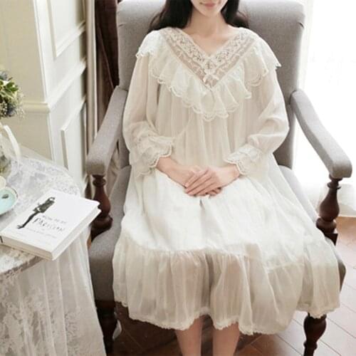 Spring Summer Home Wear Cotton Night Gown Palace Retro Lace Nightgowns Female Princess Sweet Long Dress Loose Nightdress Women