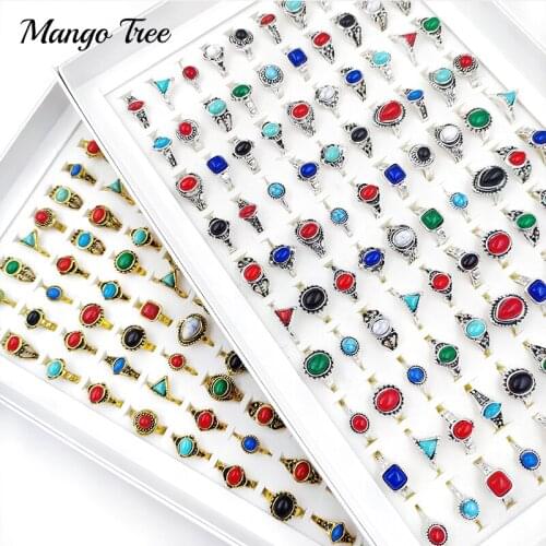 100Pcs/Lot Bohemia Retro Pine Stone Rings Natural Gem Band Woman Men Antique Golden Silvery Jewelry Finger Joint Ring Party Gift