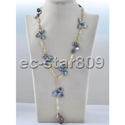 Z11141 23" 15mm Black Baroque Lamina Keshi Pearl CZ Chain Necklace Pendant