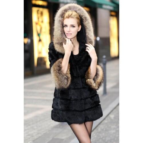 Real genuine natural full pelt whole skin rabbit fur coat with raccoon fur hood women fashion jacket custom any size