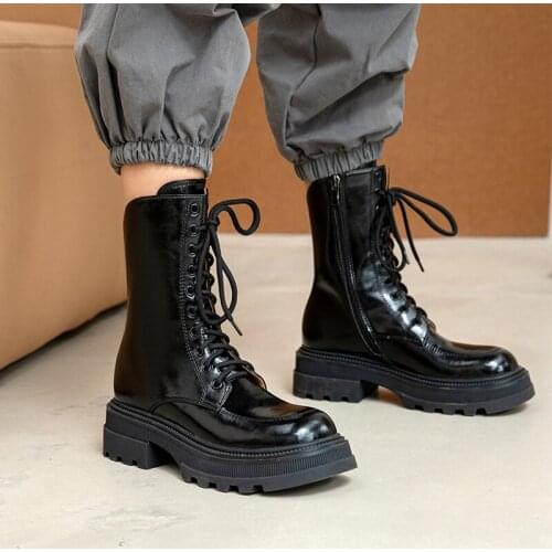 QZYERAI New Simple Style Solid Classic Basic Cow Leather Motorcycle Boots Round Toe High Heels Winter Keep Women Lace Up Boots
